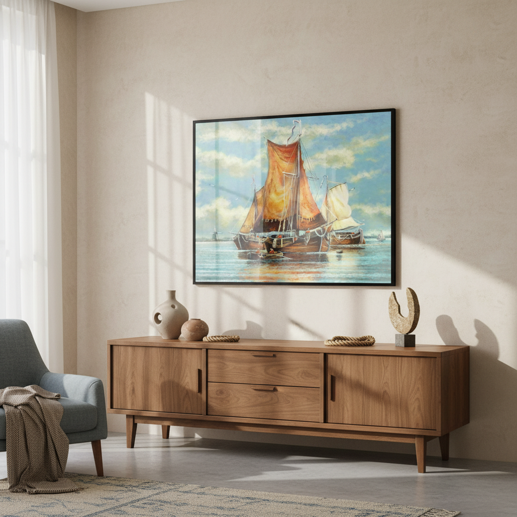 Painting sailboat orange sails ocean