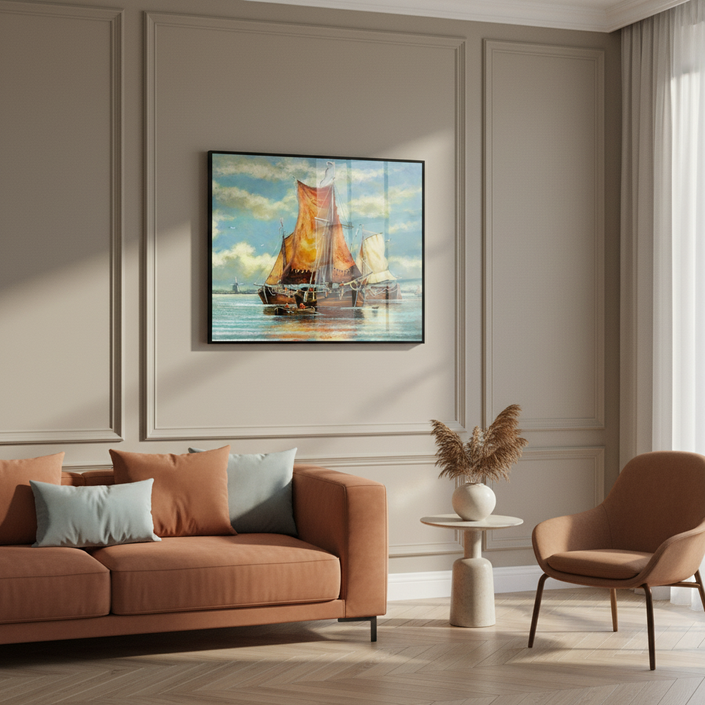 Painting sailboat orange sails ocean