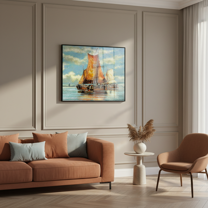 Painting sailboat orange sails ocean