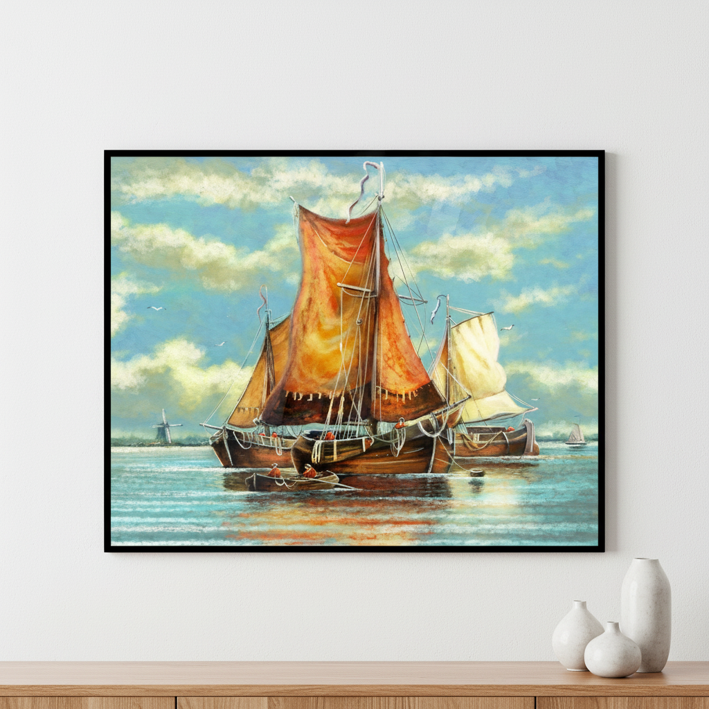 Painting sailboat orange sails ocean ภาพติดผังสไตล์วิวธรรมชาติ สำหรับตกแต่งบ้านและคอนโด พร้อมกรอบคุณภาพ