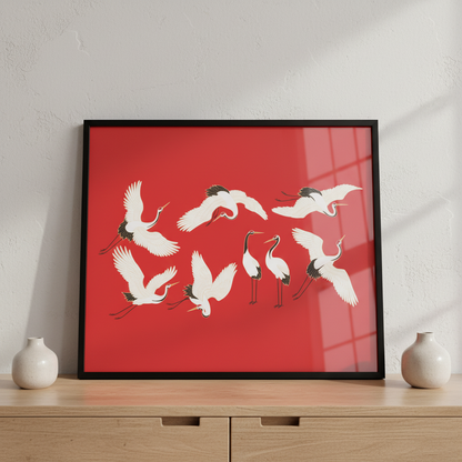Many birds flying air together red ภาพติดผังสไตล์สแกนดิเนเวีย สำหรับตกแต่งบ้านและคอนโด พร้อมกรอบคุณภาพ