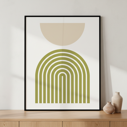Green beige abstract painting half moon ภาพติดผังสไตล์สแกนดิเนเวีย สำหรับตกแต่งบ้านและคอนโด พร้อมกรอบคุณภาพ