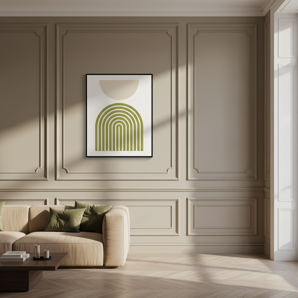 Green beige abstract painting half moon