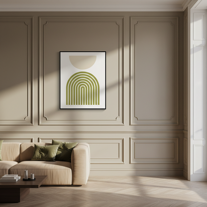 Green beige abstract painting half moon