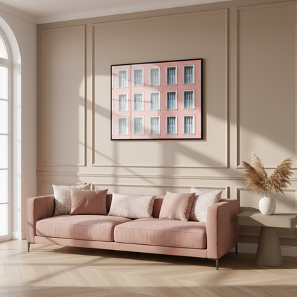 Pink building many windows clock