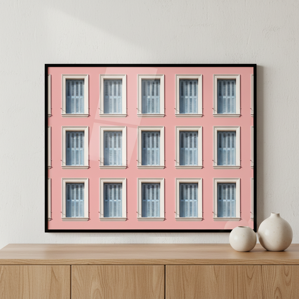 Pink building many windows clock ภาพติดผังสไตล์สแกนดิเนเวีย สำหรับตกแต่งบ้านและคอนโด พร้อมกรอบคุณภาพ