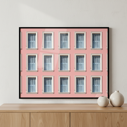 Pink building many windows clock ภาพติดผังสไตล์สแกนดิเนเวีย สำหรับตกแต่งบ้านและคอนโด พร้อมกรอบคุณภาพ