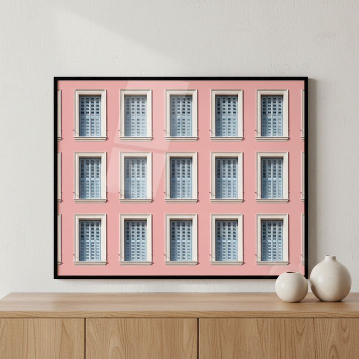 Pink building many windows clock ภาพติดผังสไตล์สแกนดิเนเวีย สำหรับตกแต่งบ้านและคอนโด พร้อมกรอบคุณภาพ