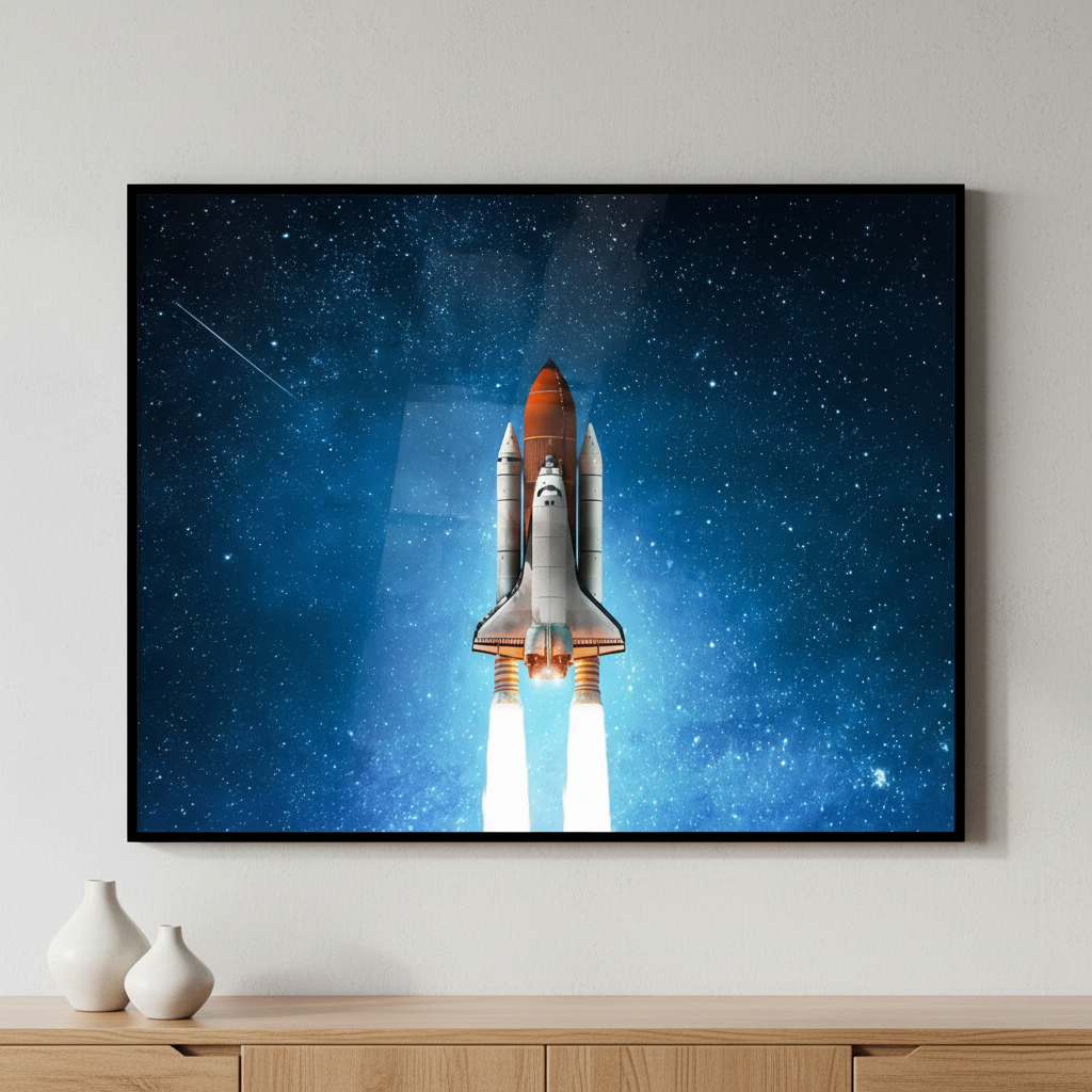 Space shuttle flying sky stars ภาพติดผังสไตล์สแกนดิเนเวีย สำหรับตกแต่งบ้านและคอนโด พร้อมกรอบคุณภาพ