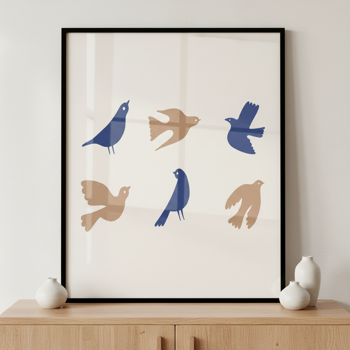 Four birds flying air together ภาพติดผังสไตล์สแกนดิเนเวีย สำหรับตกแต่งบ้านและคอนโด พร้อมกรอบคุณภาพ