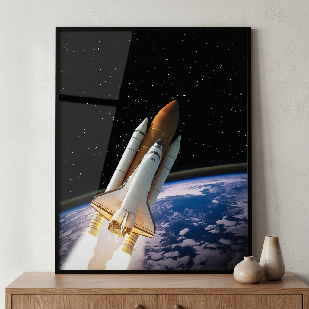 space shuttle flying over earth ภาพติดผังสไตล์นามธรรม สำหรับตกแต่งบ้านและคอนโด พร้อมกรอบคุณภาพ