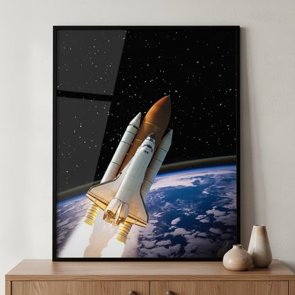 space shuttle flying over earth ภาพติดผังสไตล์นามธรรม สำหรับตกแต่งบ้านและคอนโด พร้อมกรอบคุณภาพ