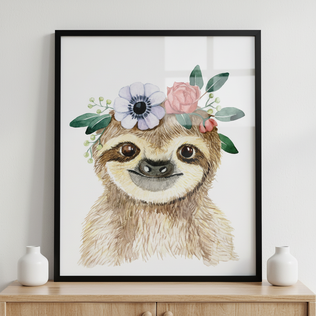 Close sloth wearing flower crown white ภาพติดผังสไตล์สแกนดิเนเวีย สำหรับตกแต่งบ้านและคอนโด พร้อมกรอบคุณภาพ