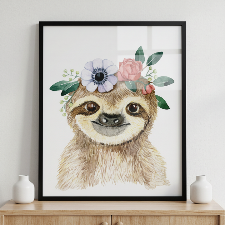 Close sloth wearing flower crown white ภาพติดผังสไตล์สแกนดิเนเวีย สำหรับตกแต่งบ้านและคอนโด พร้อมกรอบคุณภาพ