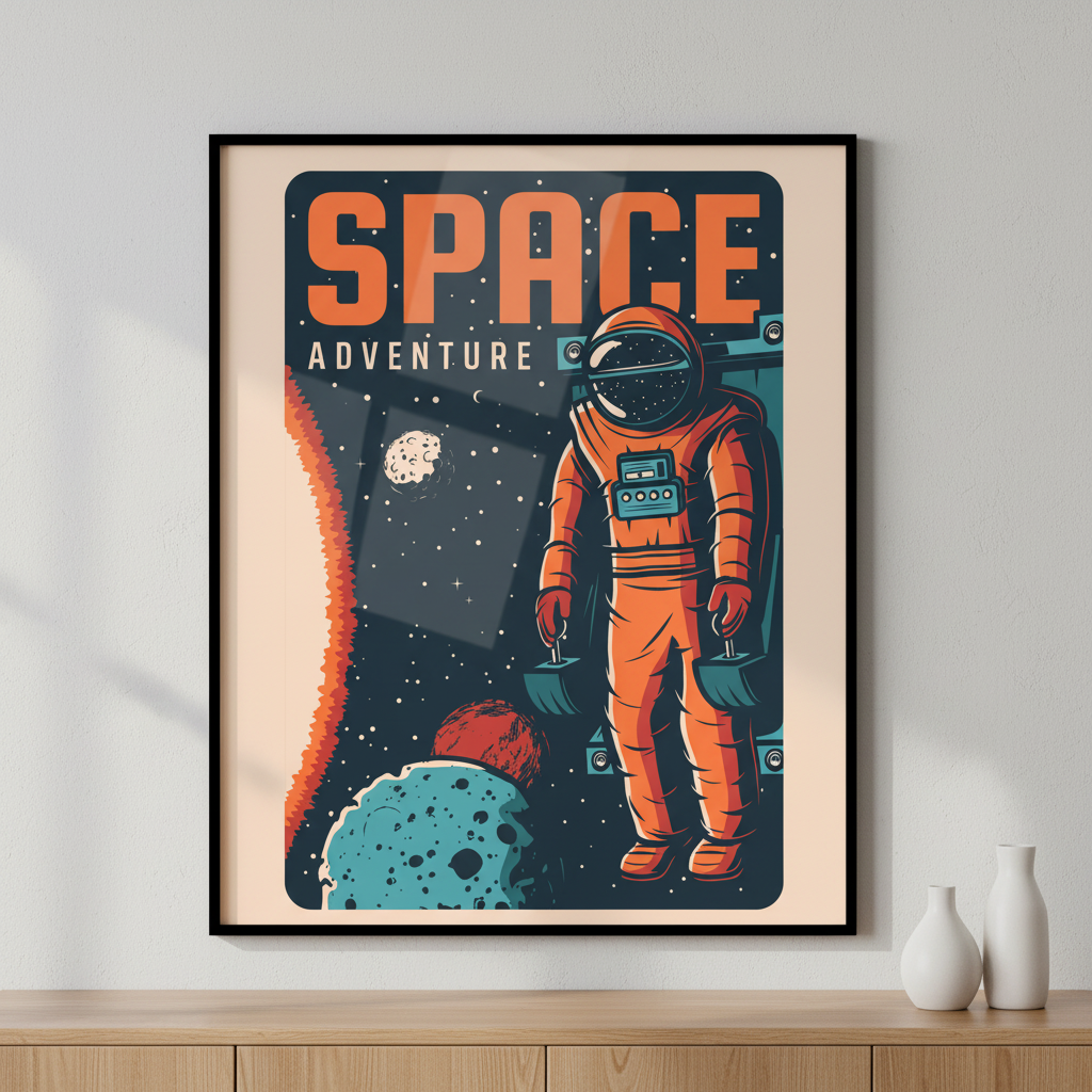 Astronaut space planet ภาพติดผังสไตล์นามธรรม สำหรับตกแต่งบ้านและคอนโด พร้อมกรอบคุณภาพ