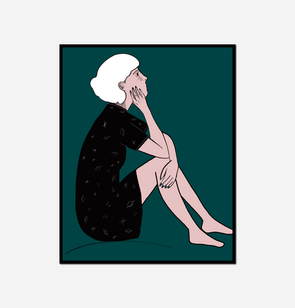 Woman sitting ground her hand her face