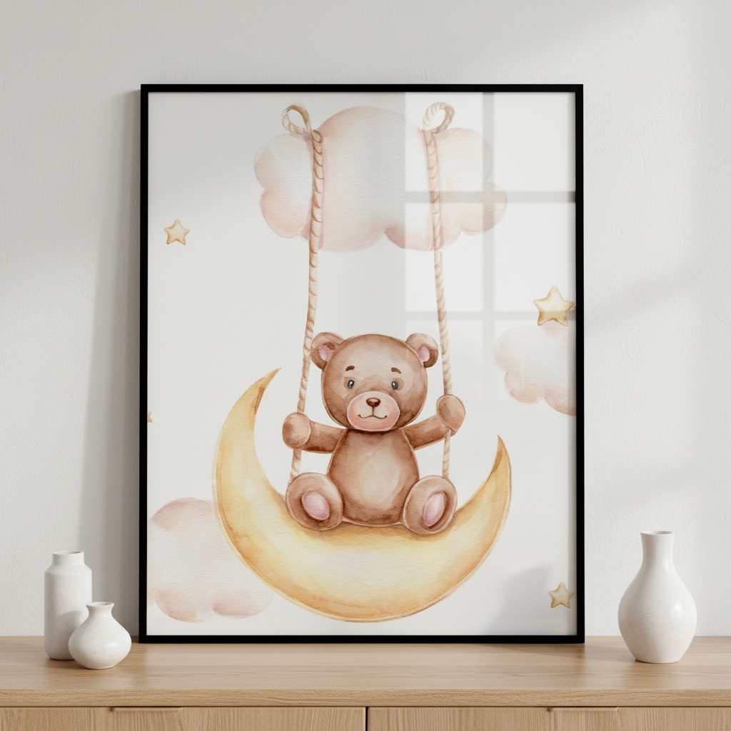 teddy bear sitting crescent ภาพติดผังสไตล์สแกนดิเนเวีย สำหรับตกแต่งบ้านและคอนโด พร้อมกรอบคุณภาพ