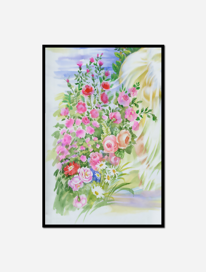 painting woman bouquet flowers her hand