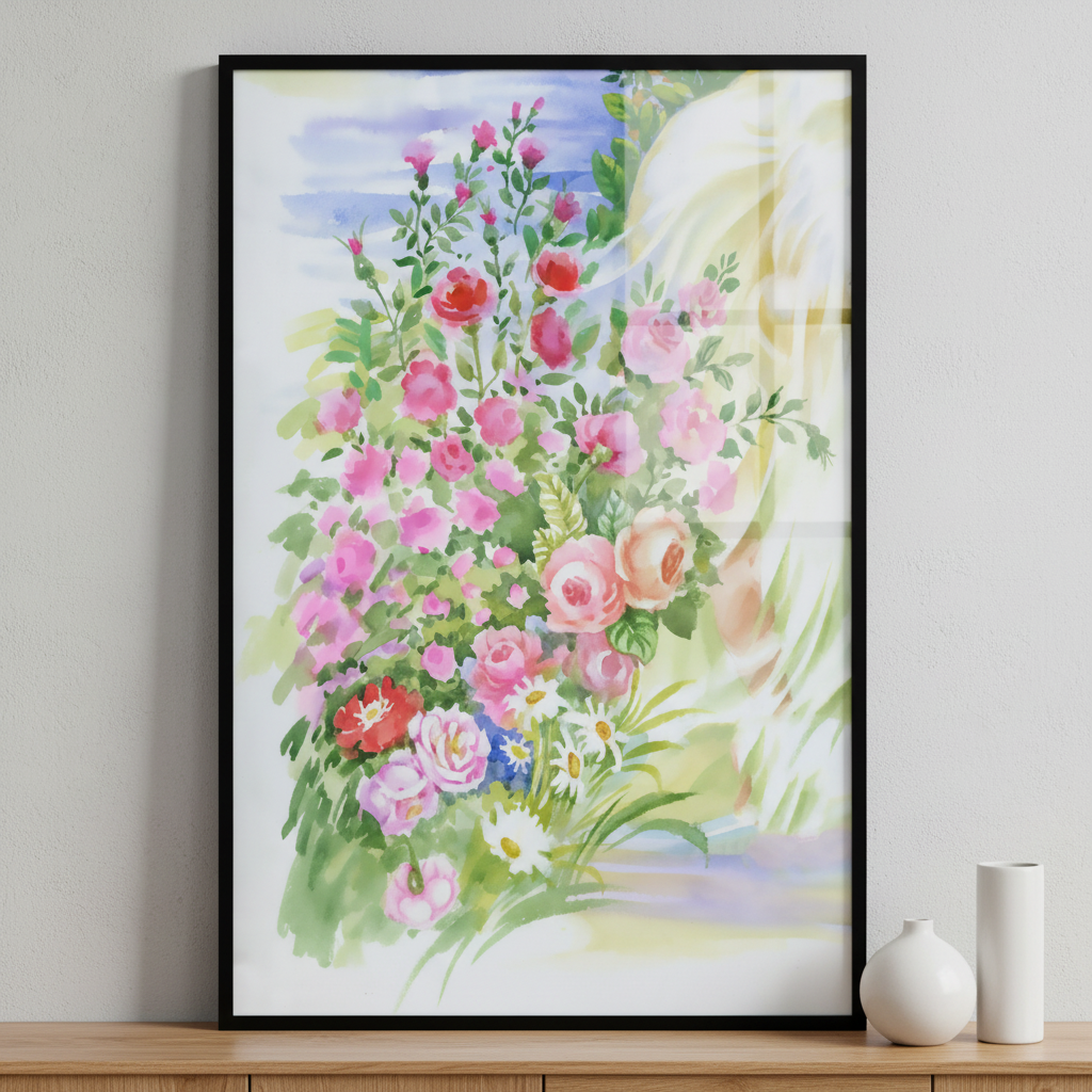 painting woman bouquet flowers her hand ภาพติดผังสไตล์สแกนดิเนเวีย สำหรับตกแต่งบ้านและคอนโด พร้อมกรอบคุณภาพ