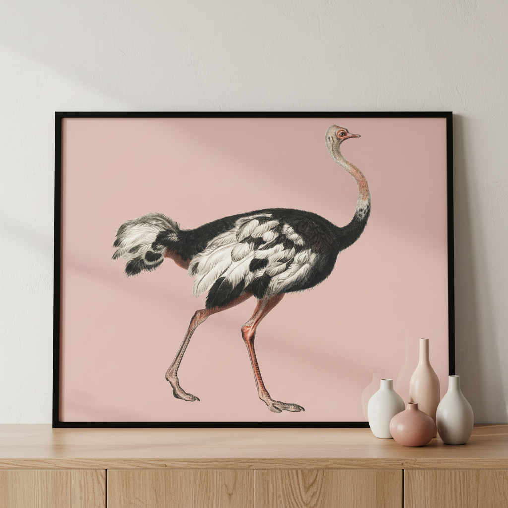 ostrich walking pink ภาพติดผังสไตล์สแกนดิเนเวีย สำหรับตกแต่งบ้านและคอนโด พร้อมกรอบคุณภาพ
