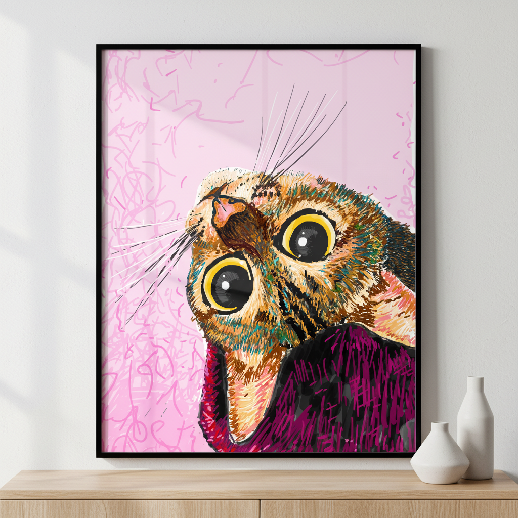 Cat big eyes pink ภาพติดผังสไตล์สแกนดิเนเวีย สำหรับตกแต่งบ้านและคอนโด พร้อมกรอบคุณภาพ