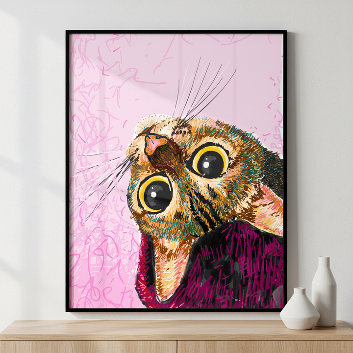Cat big eyes pink ภาพติดผังสไตล์สแกนดิเนเวีย สำหรับตกแต่งบ้านและคอนโด พร้อมกรอบคุณภาพ