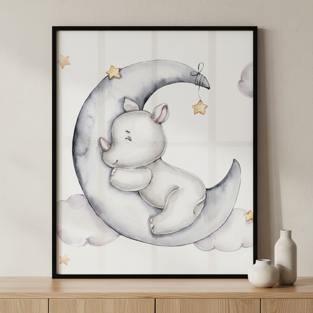 baby elephant sleeping moon ภาพติดผังสไตล์สแกนดิเนเวีย สำหรับตกแต่งบ้านและคอนโด พร้อมกรอบคุณภาพ