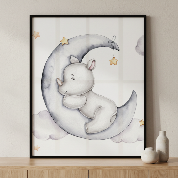 baby elephant sleeping moon ภาพติดผังสไตล์สแกนดิเนเวีย สำหรับตกแต่งบ้านและคอนโด พร้อมกรอบคุณภาพ