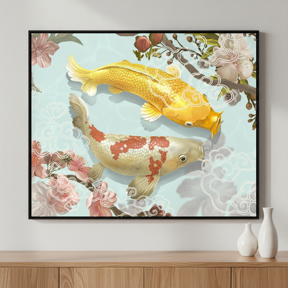 Two fish swimming pond flowers ภาพติดผังสไตล์สแกนดิเนเวีย สำหรับตกแต่งบ้านและคอนโด พร้อมกรอบคุณภาพ