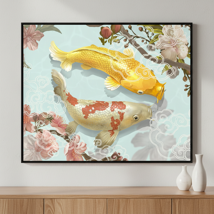 Two fish swimming pond flowers ภาพติดผังสไตล์สแกนดิเนเวีย สำหรับตกแต่งบ้านและคอนโด พร้อมกรอบคุณภาพ