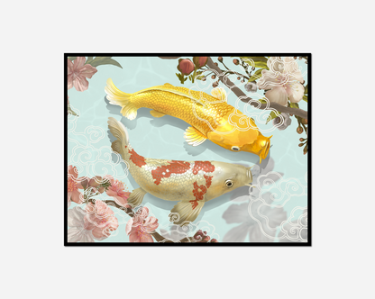 Two fish swimming pond flowers
