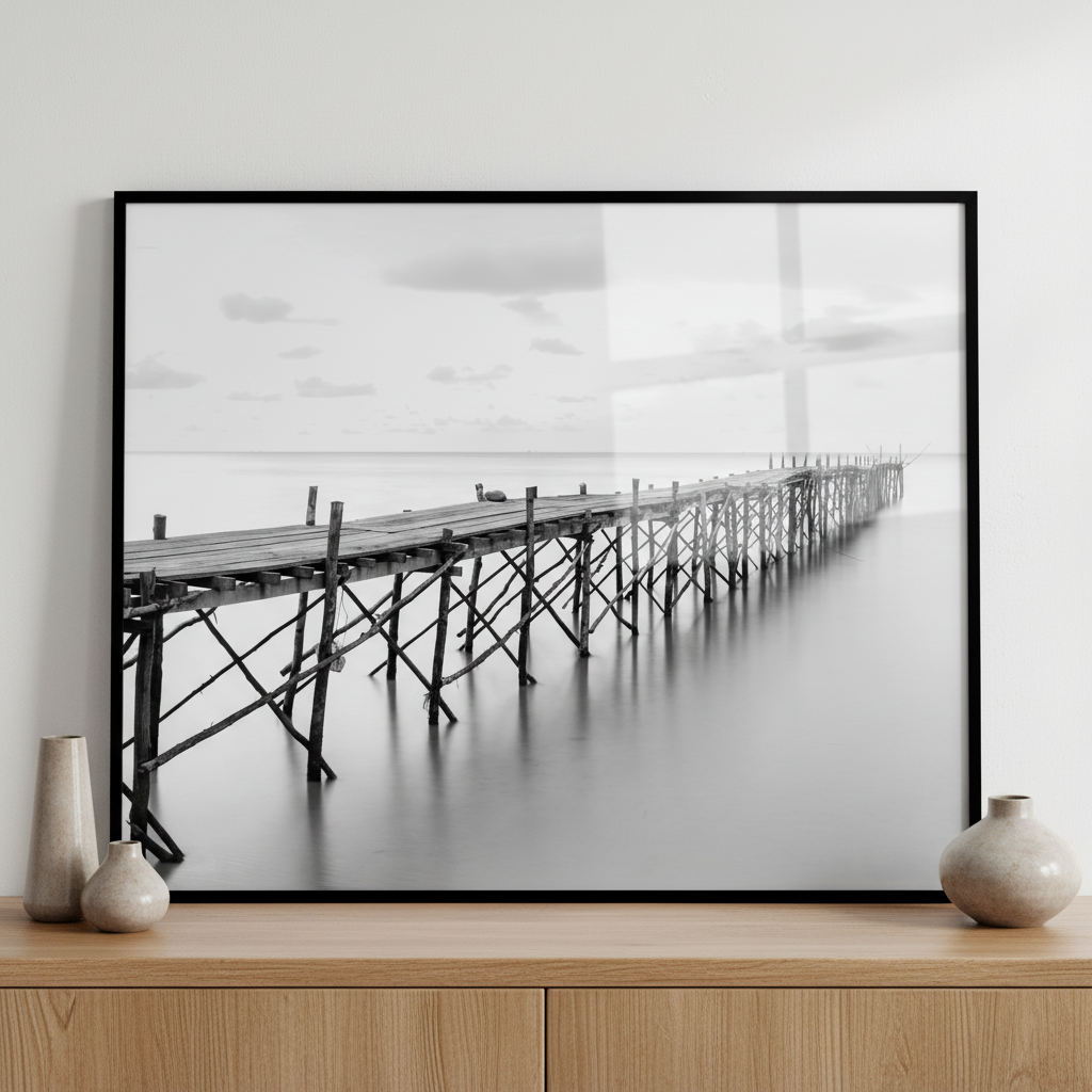 black white pier boat water ภาพติดผังสไตล์สแกนดิเนเวีย สำหรับตกแต่งบ้านและคอนโด พร้อมกรอบคุณภาพ