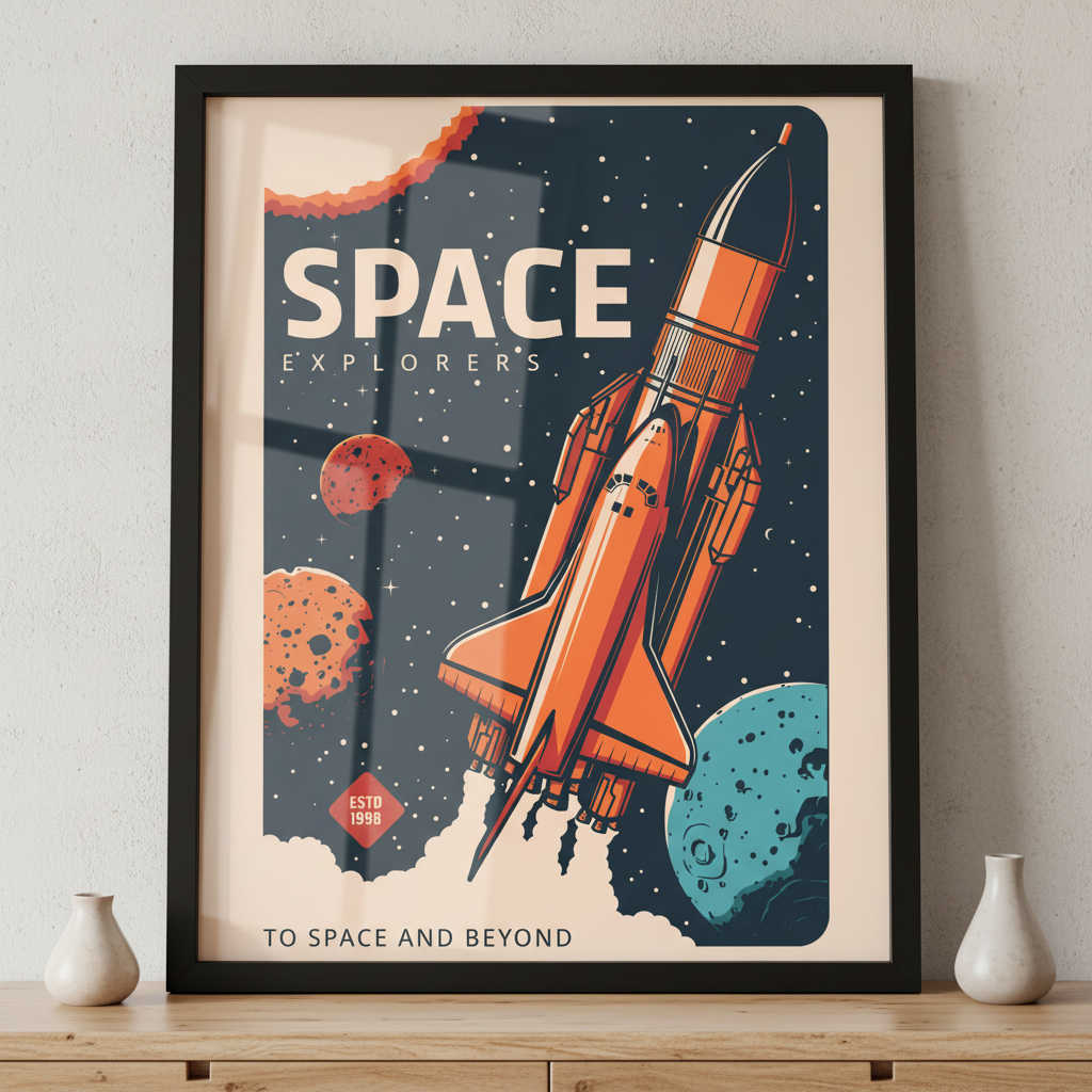 Space shuttle flying space ภาพติดผังสไตล์นามธรรม สำหรับตกแต่งบ้านและคอนโด พร้อมกรอบคุณภาพ
