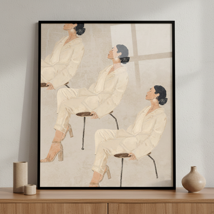 Three women sitting stool room ภาพติดผังสไตล์สแกนดิเนเวีย สำหรับตกแต่งบ้านและคอนโด พร้อมกรอบคุณภาพ