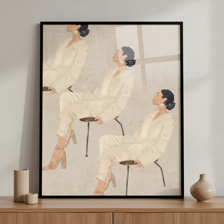 Three women sitting stool room ภาพติดผังสไตล์สแกนดิเนเวีย สำหรับตกแต่งบ้านและคอนโด พร้อมกรอบคุณภาพ