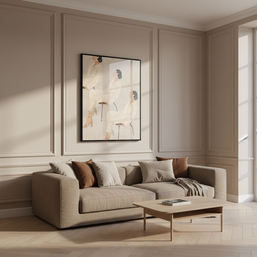 Three women sitting stool room