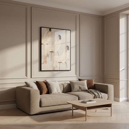 Three women sitting stool room