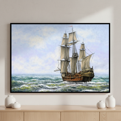 Painting sailing ship ocean sky ภาพติดผังสไตล์วิวธรรมชาติ สำหรับตกแต่งบ้านและคอนโด พร้อมกรอบคุณภาพ