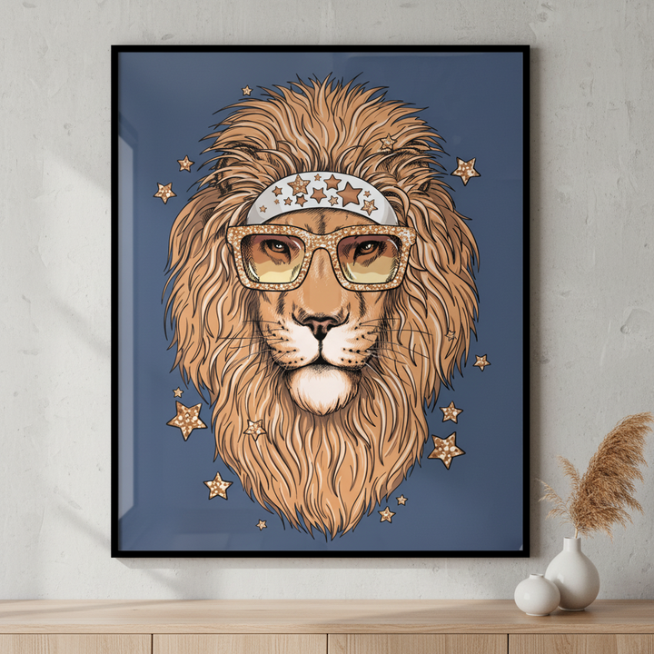 close lion wearing glasses bandana ภาพติดผังสไตล์สแกนดิเนเวีย สำหรับตกแต่งบ้านและคอนโด พร้อมกรอบคุณภาพ