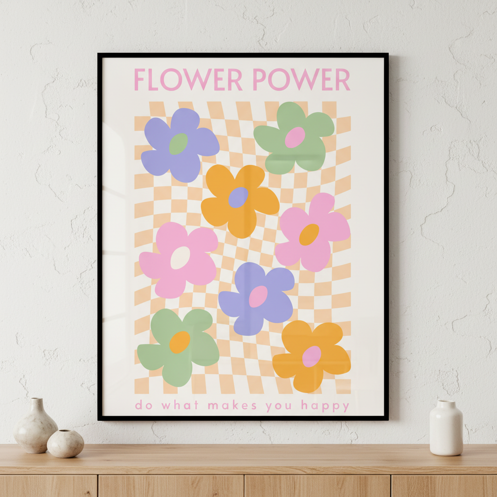 Flowers says flower power ภาพติดผังสไตล์สแกนดิเนเวีย สำหรับตกแต่งบ้านและคอนโด พร้อมกรอบคุณภาพ