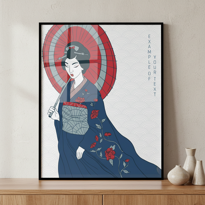 Woman kimono dress red umbrella ภาพติดผังสไตล์สแกนดิเนเวีย สำหรับตกแต่งบ้านและคอนโด พร้อมกรอบคุณภาพ