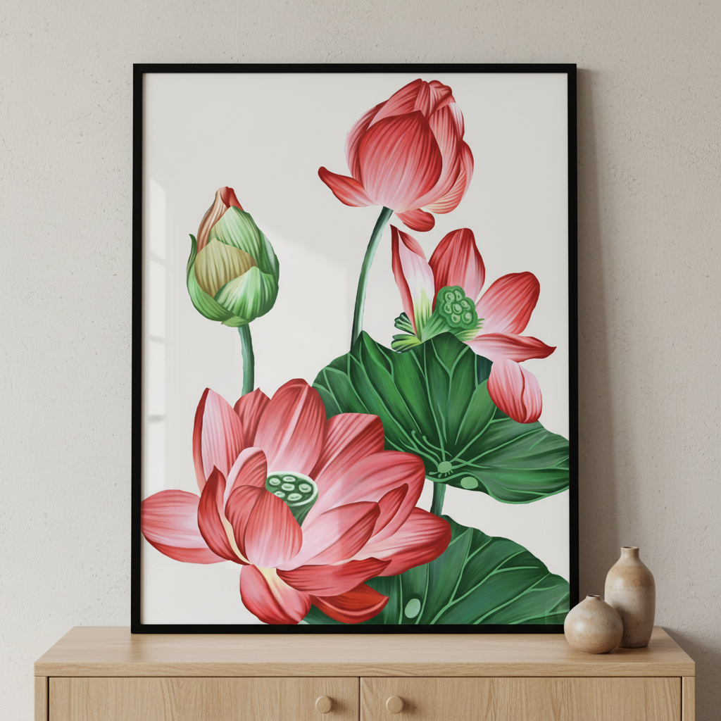 painting pink flower ภาพติดผังสไตล์สแกนดิเนเวีย สำหรับตกแต่งบ้านและคอนโด พร้อมกรอบคุณภาพ