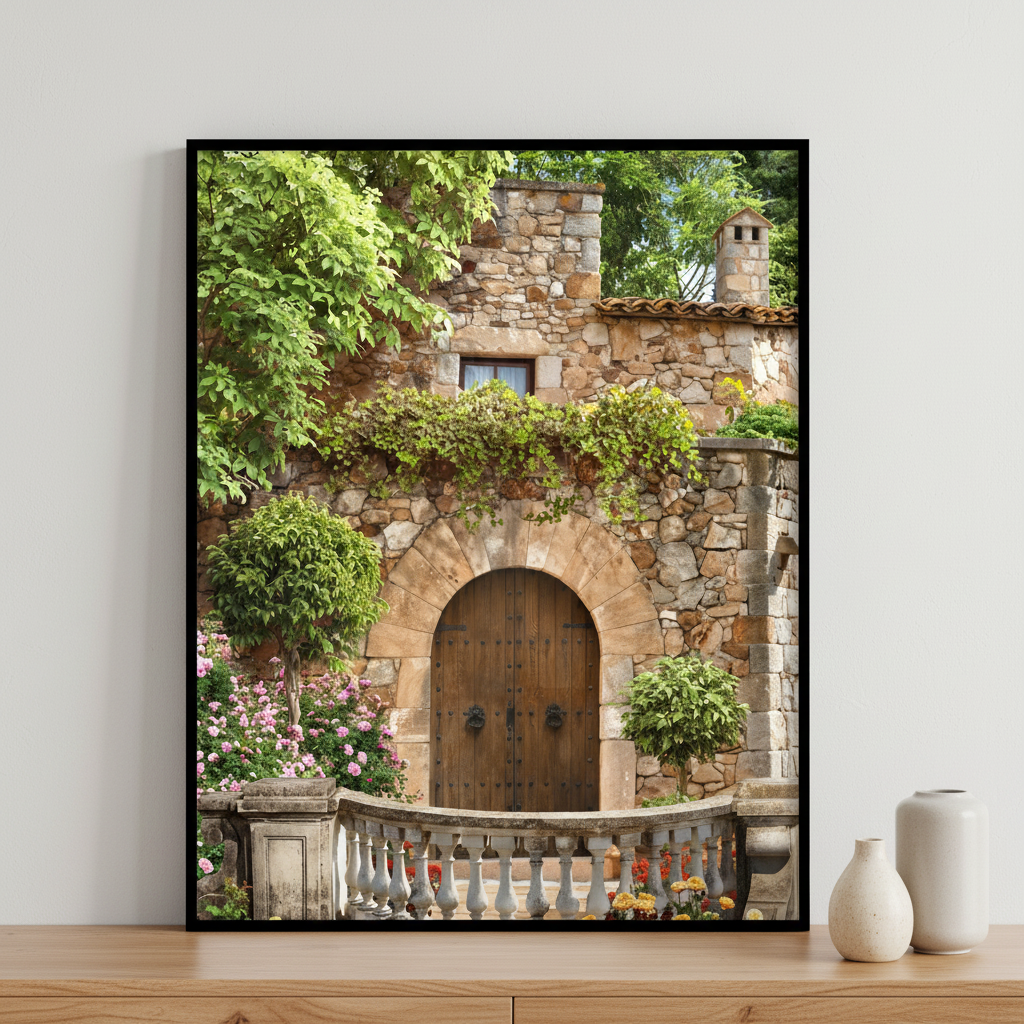 Stone building wooden door ภาพติดผังสไตล์สแกนดิเนเวีย สำหรับตกแต่งบ้านและคอนโด พร้อมกรอบคุณภาพ