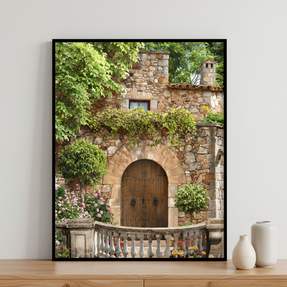 Stone building wooden door ภาพติดผังสไตล์สแกนดิเนเวีย สำหรับตกแต่งบ้านและคอนโด พร้อมกรอบคุณภาพ