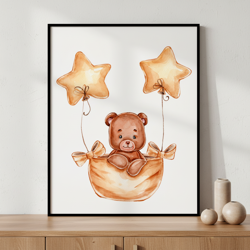 Teddy bear balloon ภาพติดผังสไตล์สแกนดิเนเวีย สำหรับตกแต่งบ้านและคอนโด พร้อมกรอบคุณภาพ