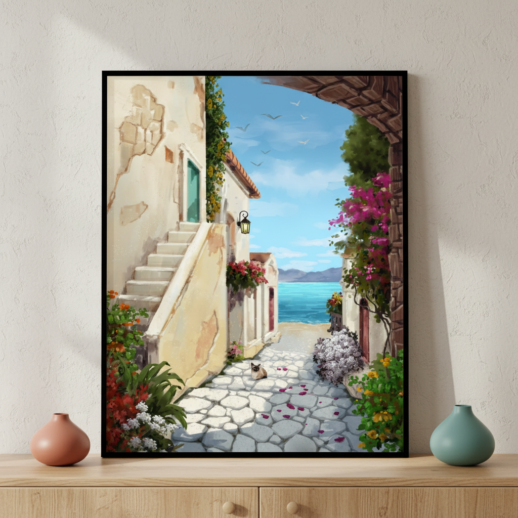 Painting street stone pathway leading beach ภาพติดผังสไตล์วิวธรรมชาติ สำหรับตกแต่งบ้านและคอนโด พร้อมกรอบคุณภาพ