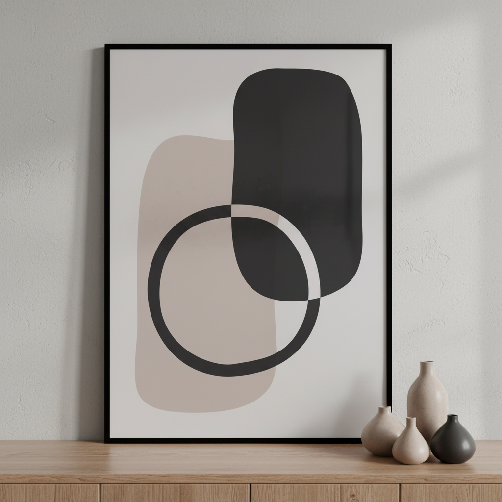 Black white painting black circle ภาพติดผังสไตล์สแกนดิเนเวีย สำหรับตกแต่งบ้านและคอนโด พร้อมกรอบคุณภาพ