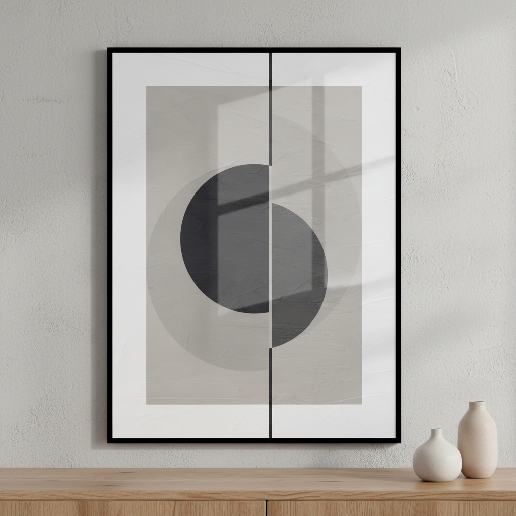Black white painting black circle ภาพติดผังสไตล์สแกนดิเนเวีย สำหรับตกแต่งบ้านและคอนโด พร้อมกรอบคุณภาพ