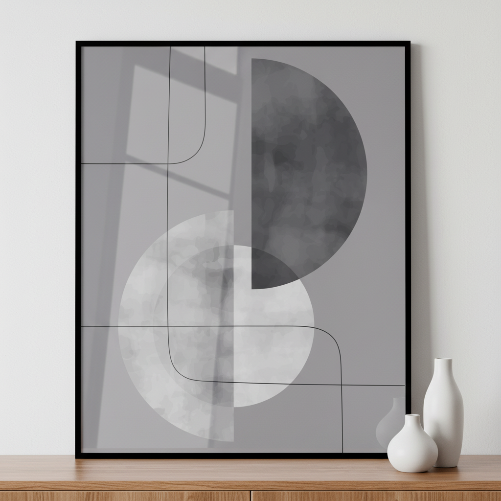 Close black white abstract painting half moon ภาพติดผังสไตล์สแกนดิเนเวีย สำหรับตกแต่งบ้านและคอนโด พร้อมกรอบคุณภาพ