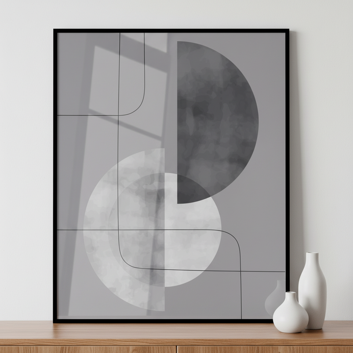Close black white abstract painting half moon ภาพติดผังสไตล์สแกนดิเนเวีย สำหรับตกแต่งบ้านและคอนโด พร้อมกรอบคุณภาพ